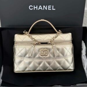 CHANEL Gold Quilted Vanity Satchel with Chain Handle